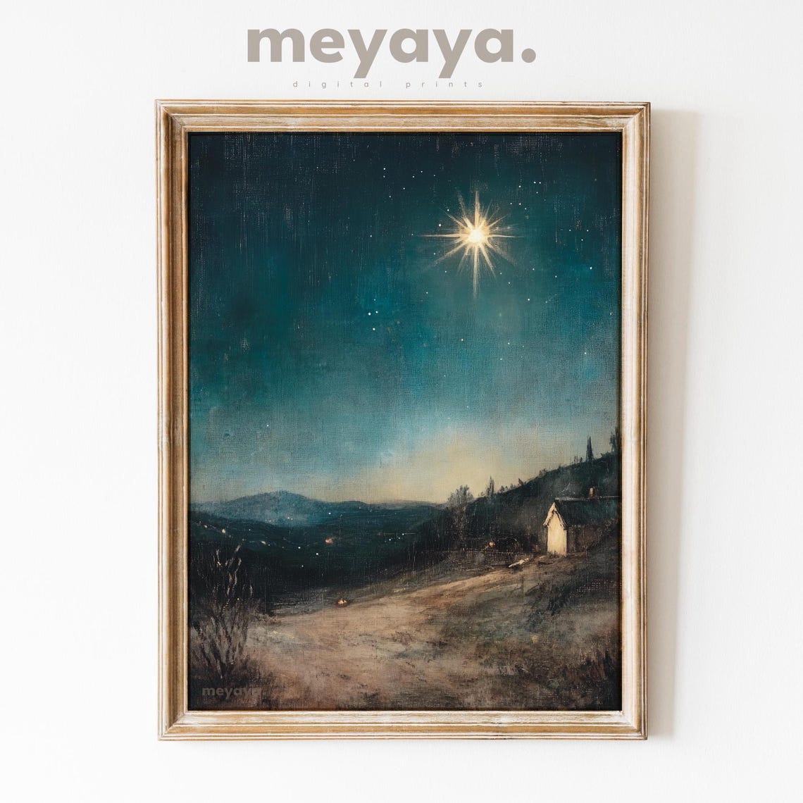 Star of Bethlehem Night Hills Cottage Deep Teal Christmas Poster