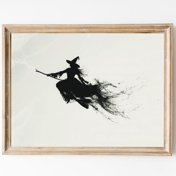 Halloween Cute Witch Print Neutral Halloween Decor Witch Flying Painting Halloween Print Spooky Decor Black And White Halloween Wall Art