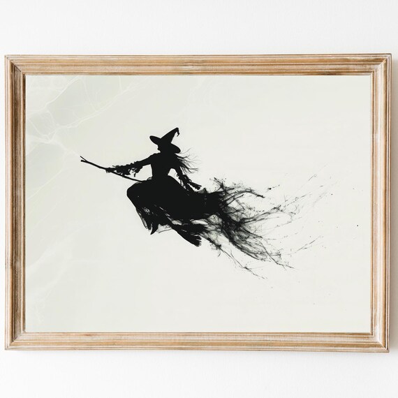 Witch Flying On A Broomstick Black Ink Silhouette Halloween Poster