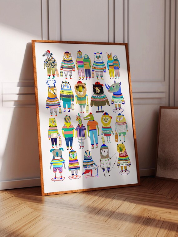 Twenty Four Skateboarding Animals Fun Colorful Kids Room Art Poster