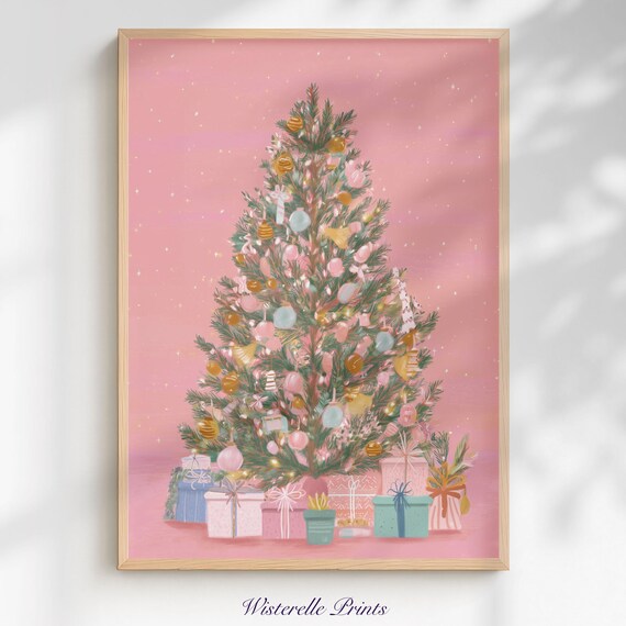 Pink Christmas Tree Pastel Ornaments Coquette Holiday Decor Poster
