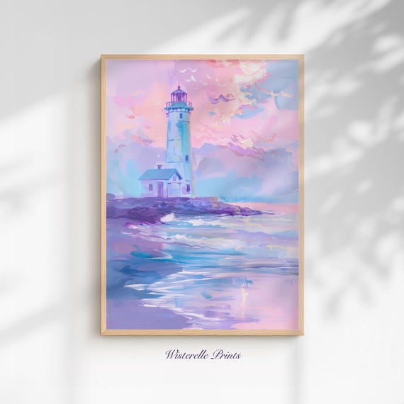 Pastel Lighthouse Sunset Dreamscape Print Summer Coastal Portrait Art