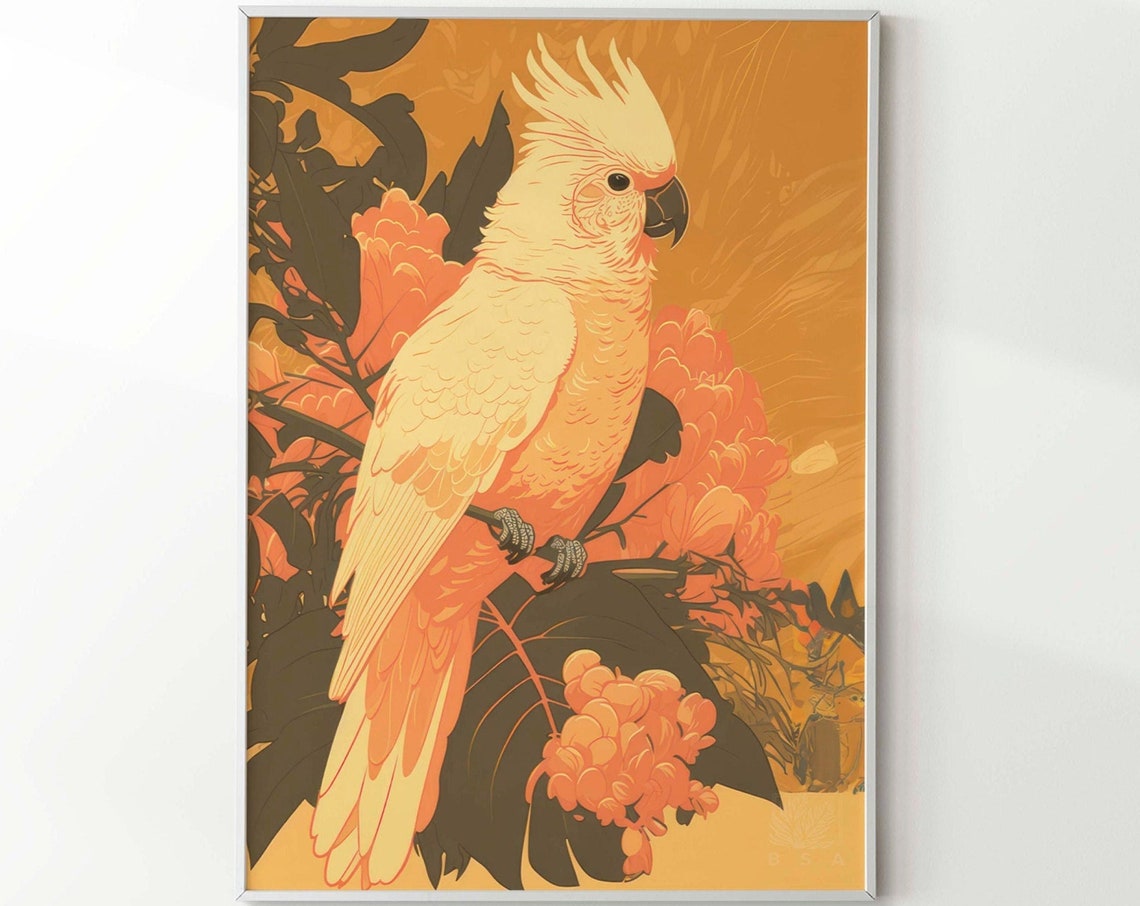 White Cockatoo Poster Orange Blossom Golden Tropical Bird Decor