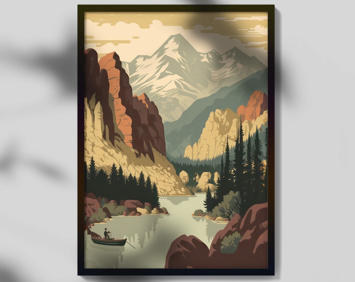 Retro Mountain Lake Canoe Red Cliffs Vintage Fishing Scene Wall Art - Image 3