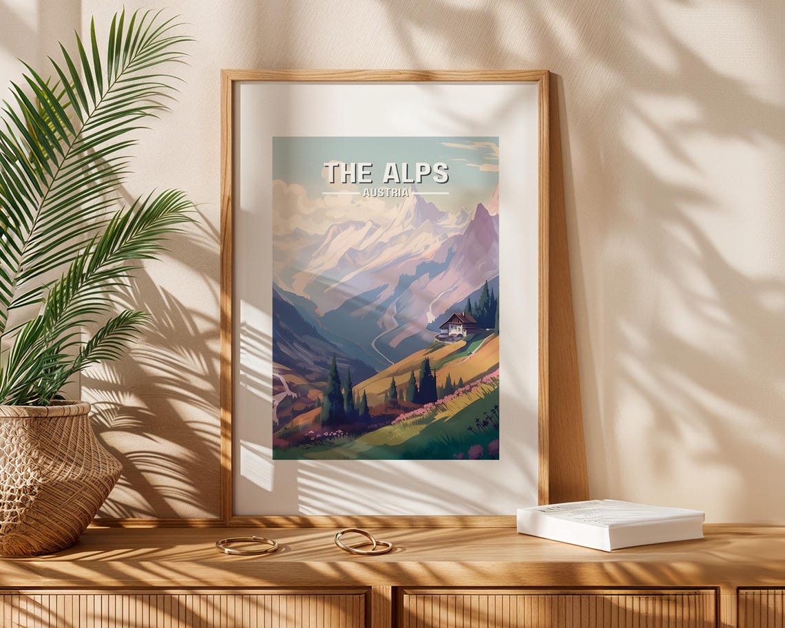 Alps Retro Travel Poster, Mountain Landscape