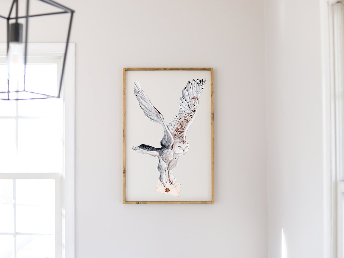 Snowy Owl Carrying Letter Watercolor Poster for Wizard Nursery Decor