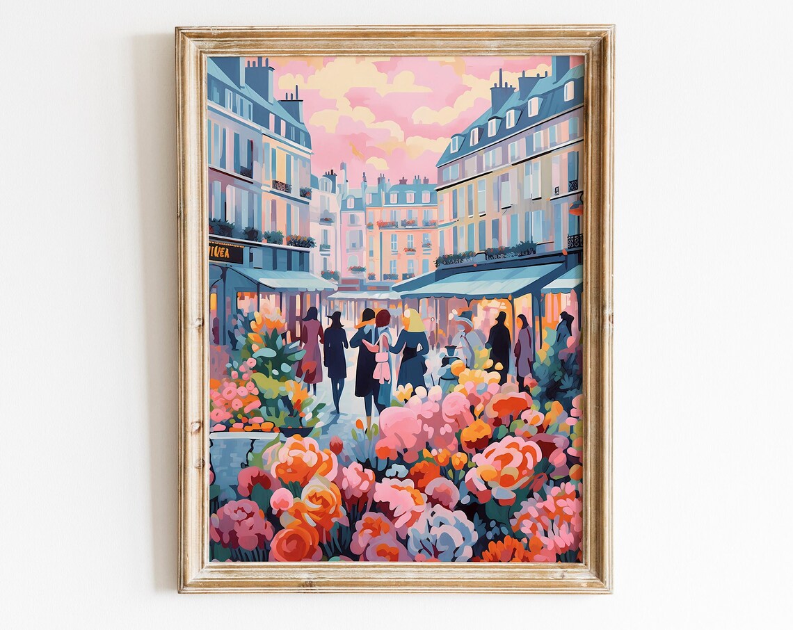 Paris Flower Market Street at Dusk Colorful Evening Art Poster