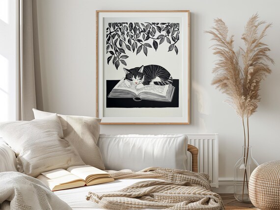 Sleeping Tabby Kitten on Open Book Black White Linocut Art Poster
