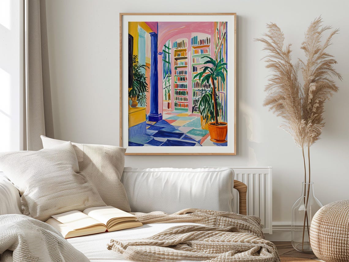 Vibrant Colorful Library Interior Painting In Bold Modern Style Poster - Image 3