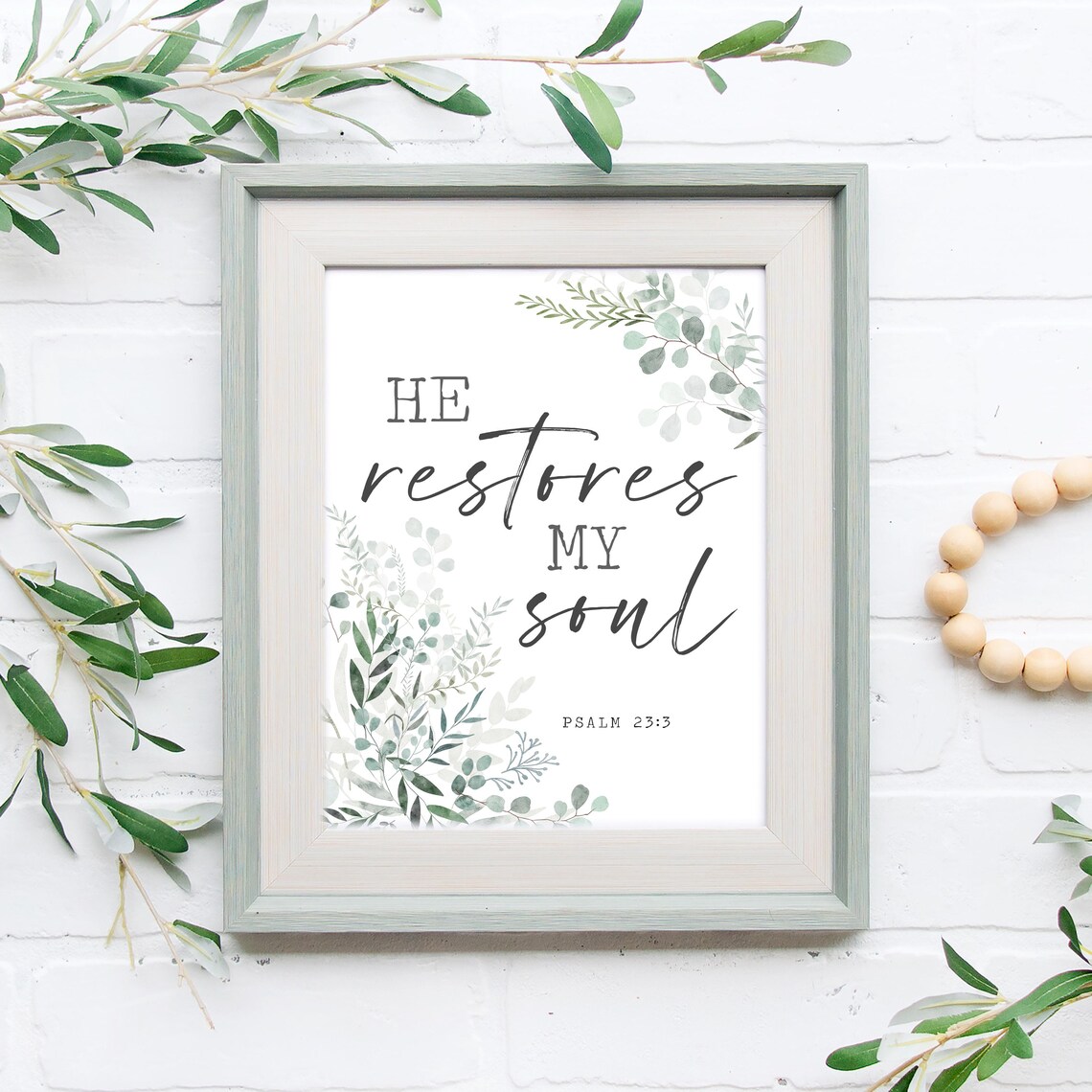 He Restores My Soul Psalm 23 Bible Verse Green Botanical Wall Art - Image 3