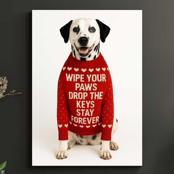 Funny Dog Entryway Decor Dalmatian Wall Art Portrait Poster Print Red Sweater Pet Lover Gift