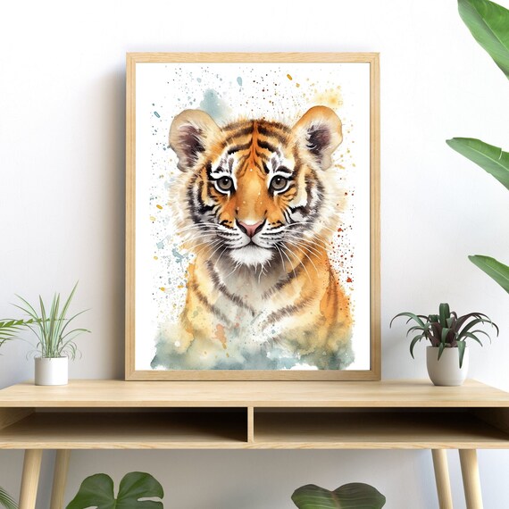 Tiger Cub Watercolor Art Print, Modern Animal Decor
