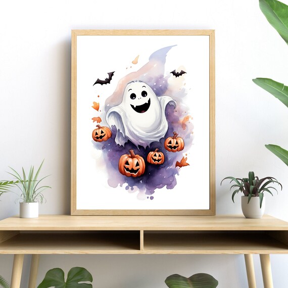 Cute Ghost Bats Watercolor Halloween Wall Decor