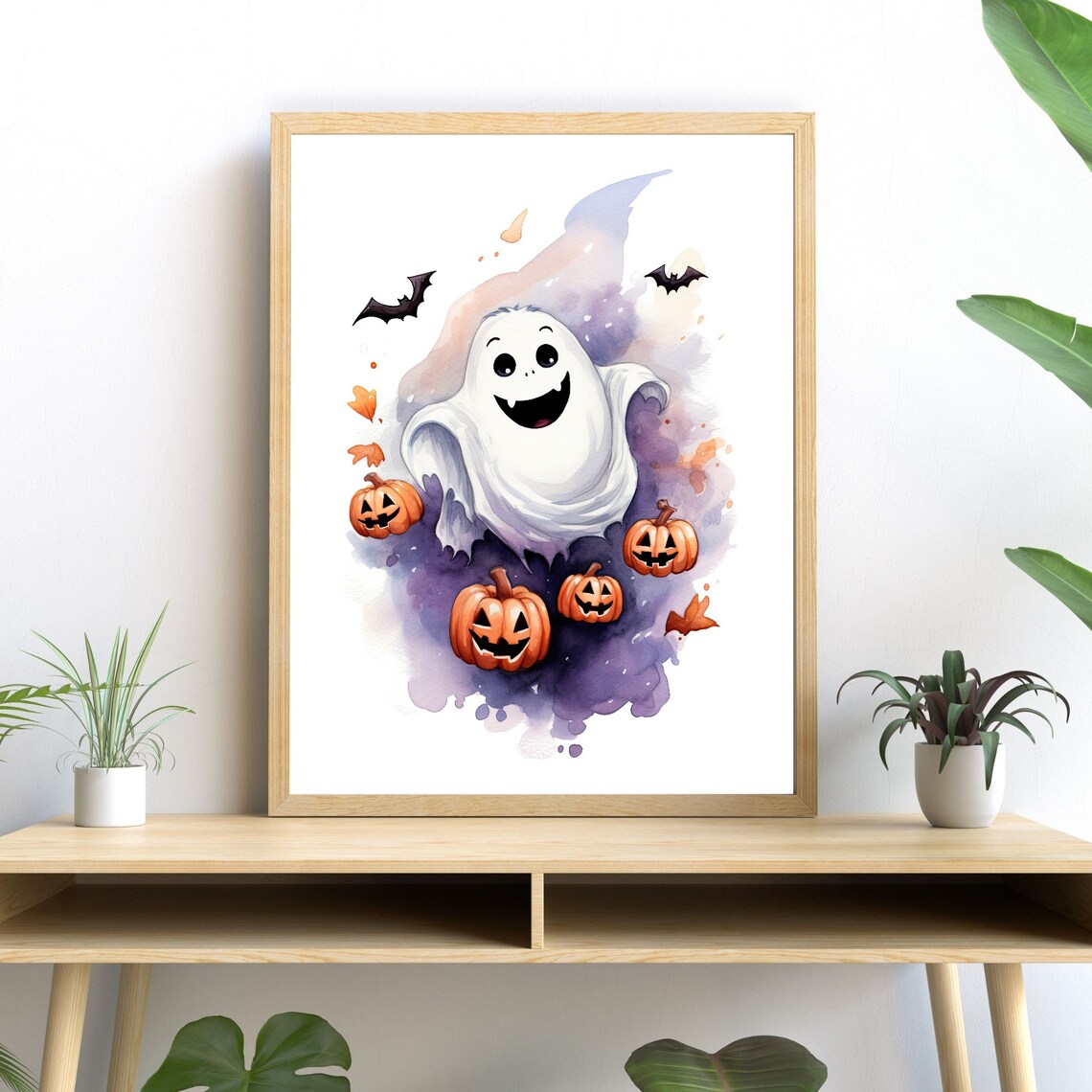 Cute Ghost Bats Watercolor Halloween Wall Decor