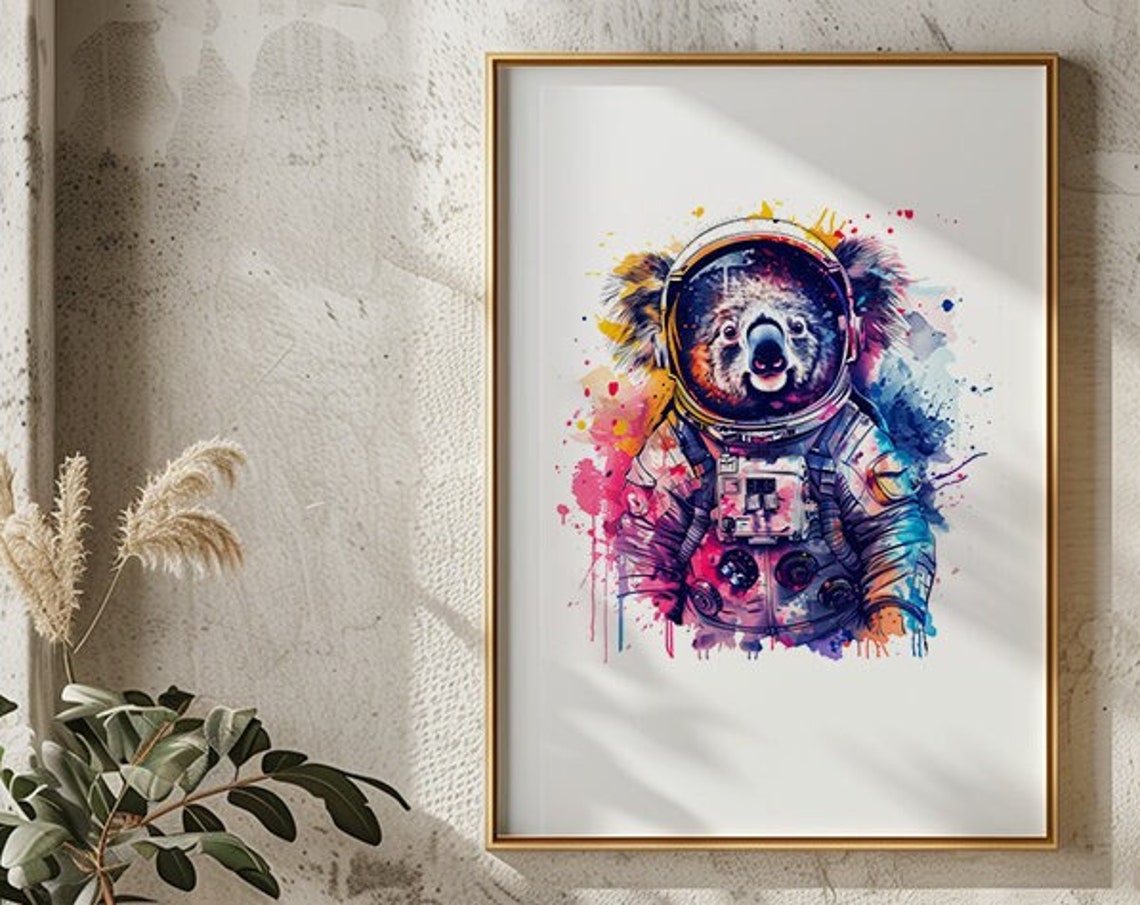Koala Astronaut Watercolor Fuzzy Space Suit Animal Art Poster