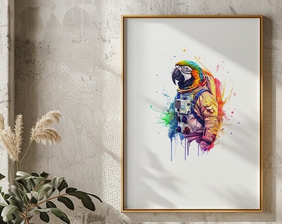 Parrot Astronaut Watercolor Macaw Space Suit Animal Art Poster