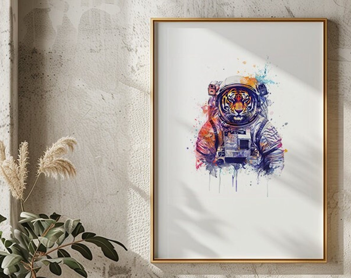 Tiger In Astronaut Helmet Colorful Watercolor Splash Painting Print