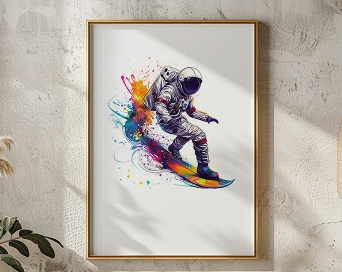 Astronaut Surfing Rainbow Wave Watercolor Space Suit Ocean Art Poster