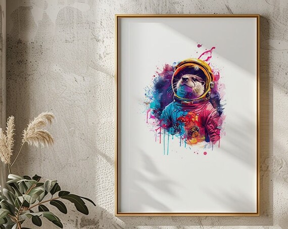 Cute Otter Astronaut Watercolor Diving Helmet Animal Art Poster
