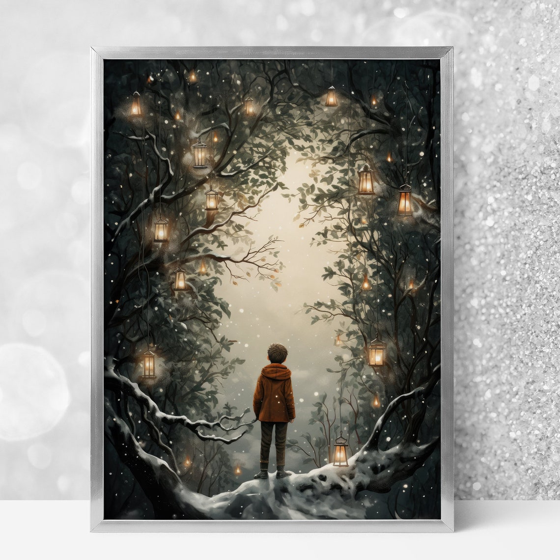 Magical Snowy Forest Lantern Boy Winter Wonderland Scene Poster - Image 5