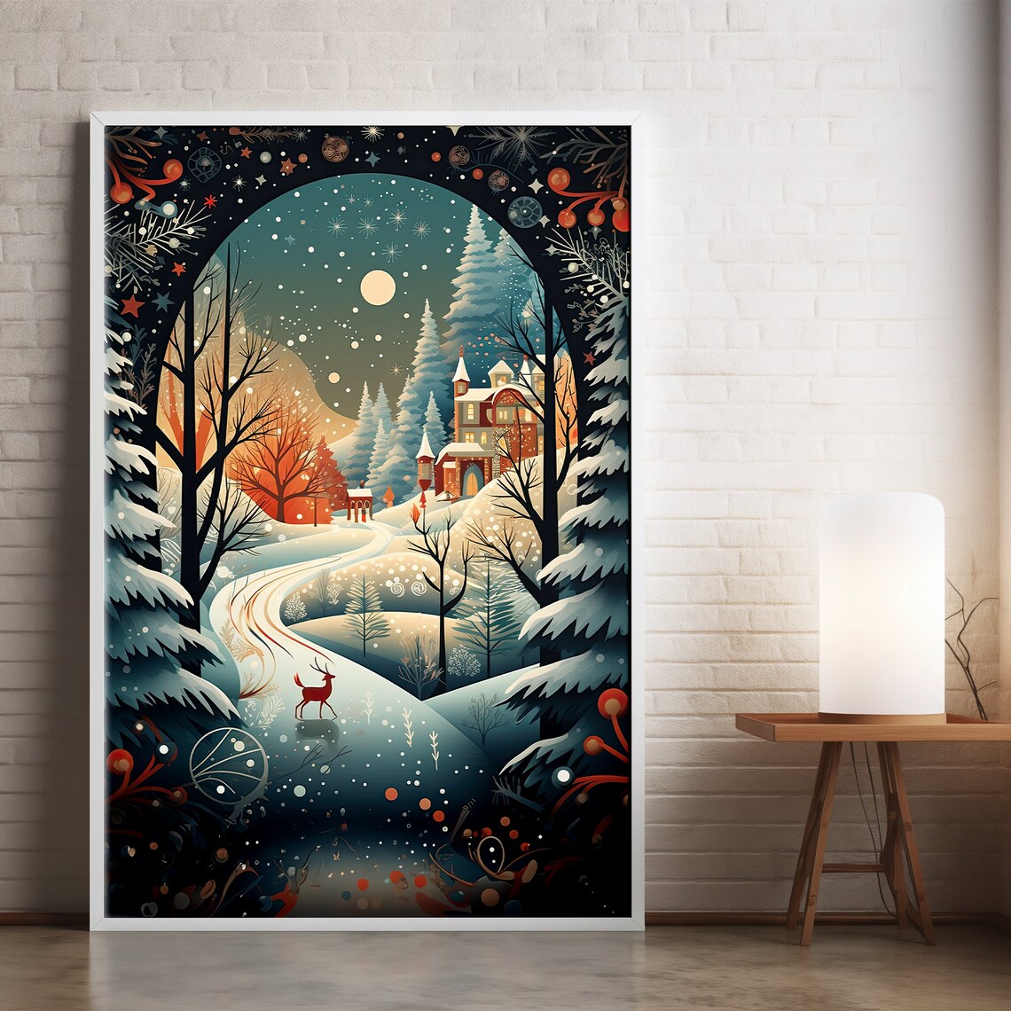 Winter Wonderland Deer Cabin Snowy Forest Moonlit Night Poster - Image 6