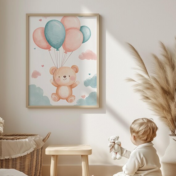 Teddy Bear Floating Pink Teal Balloons Watercolor Nursery Poster Baby Decor