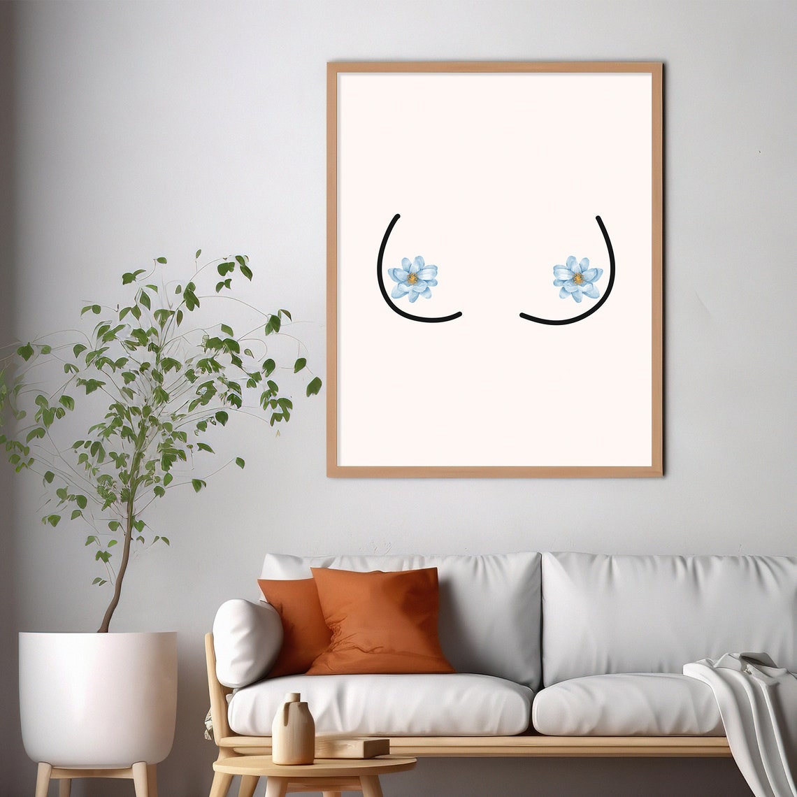 Minimalist Feminine Line Art with Blue Flowers Botanical Poster - Image 3