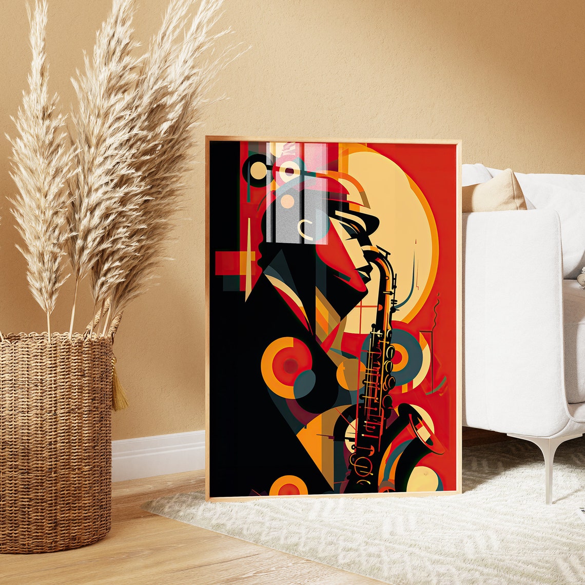 Geometric Saxophonist Red Black Orange Abstract Music Poster - Image 5