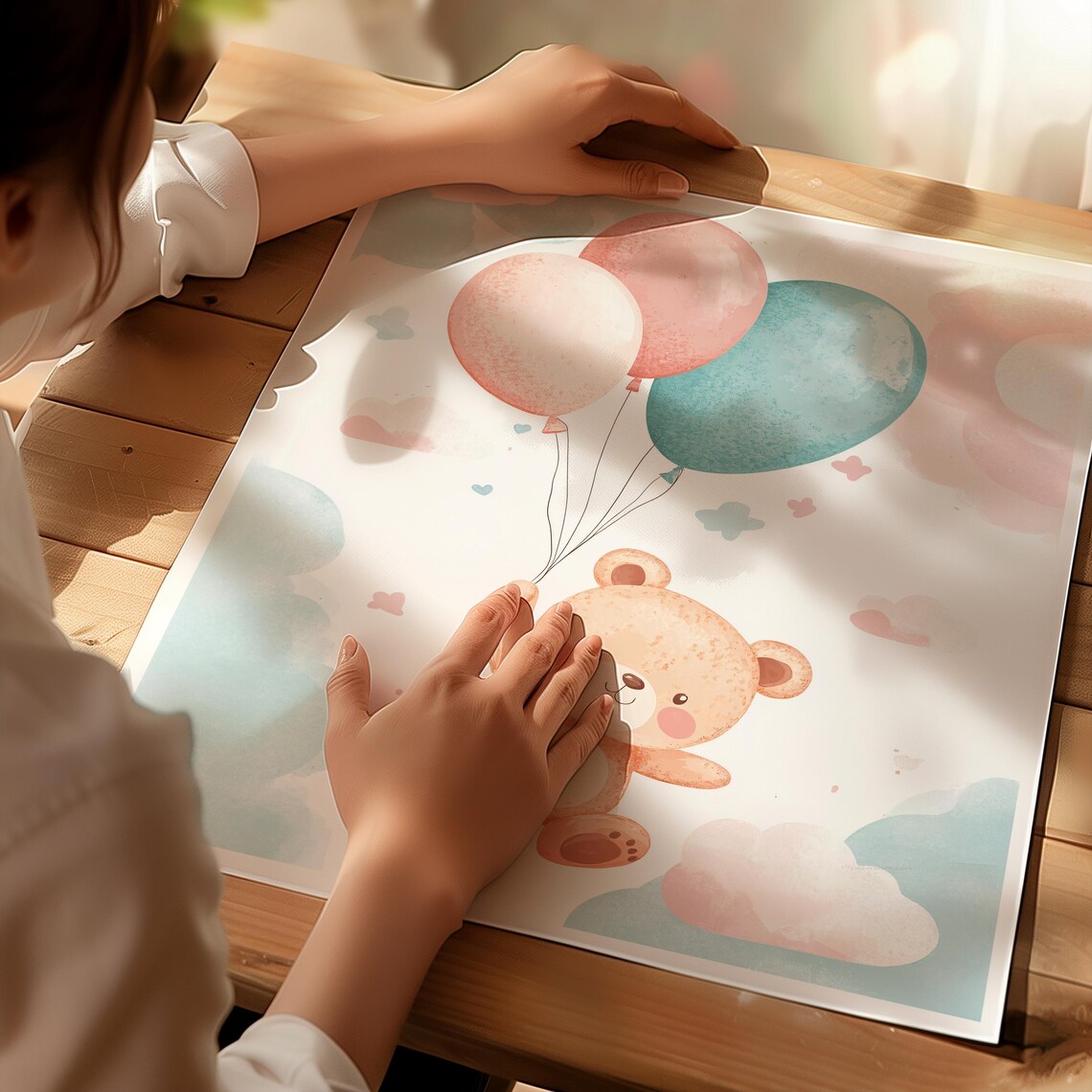 Cute Teddy Bear Holding Balloons Watercolor Nursery Poster Pastel Baby Room Art - Image 4