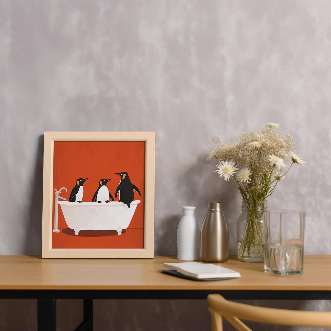 Penguins In Bathtub Funny King Penguin Bath Orange Bathroom Poster - Image 7