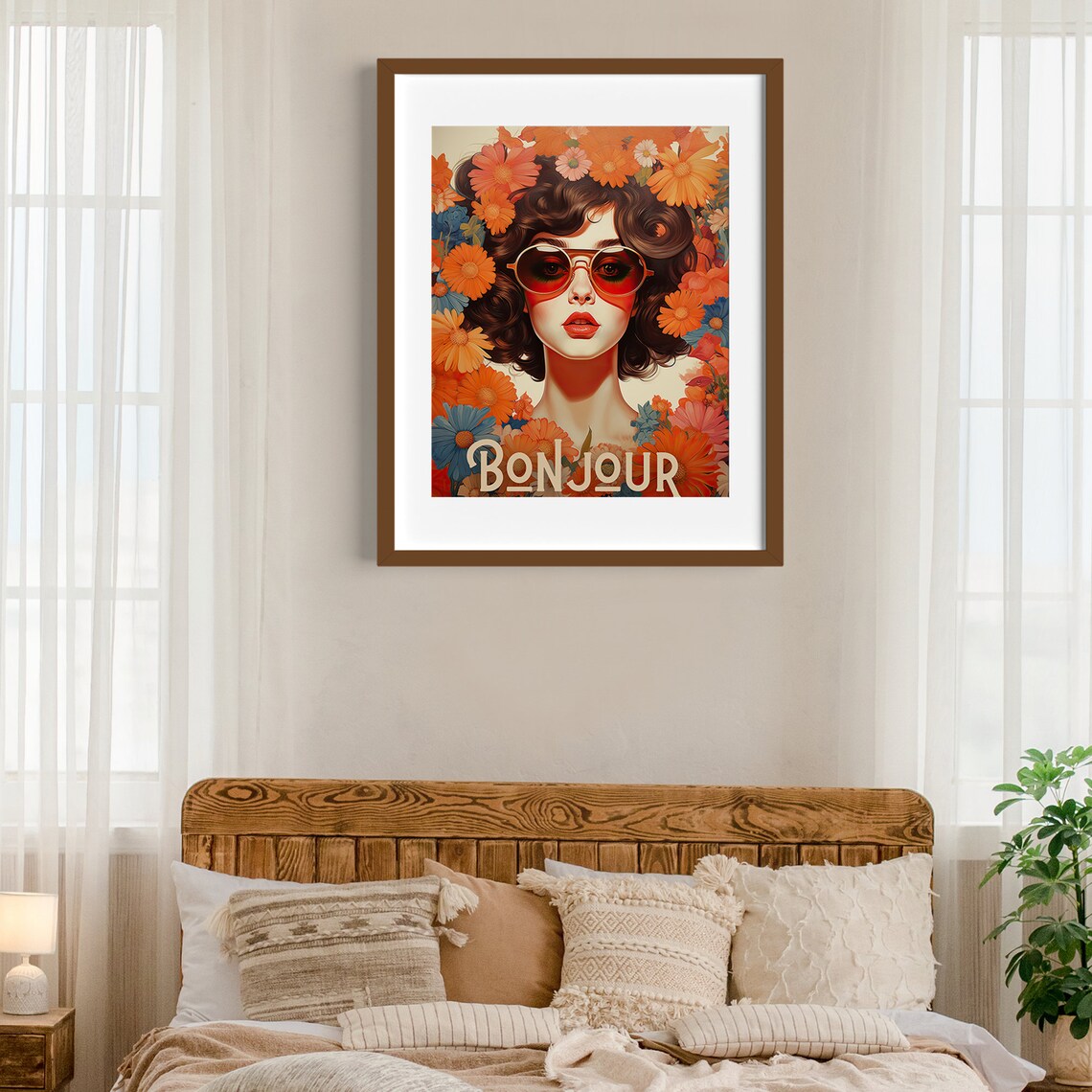 Bonjour French Retro Woman with Sunglasses Floral Pop Art Poster - Image 3