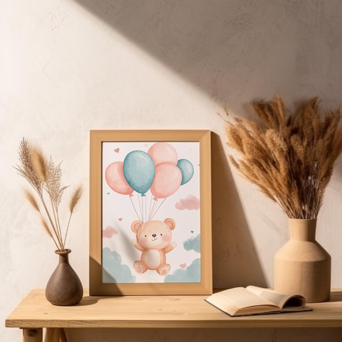 Teddy Bear Floating Pink Teal Balloons Watercolor Nursery Poster Baby Decor - Image 6