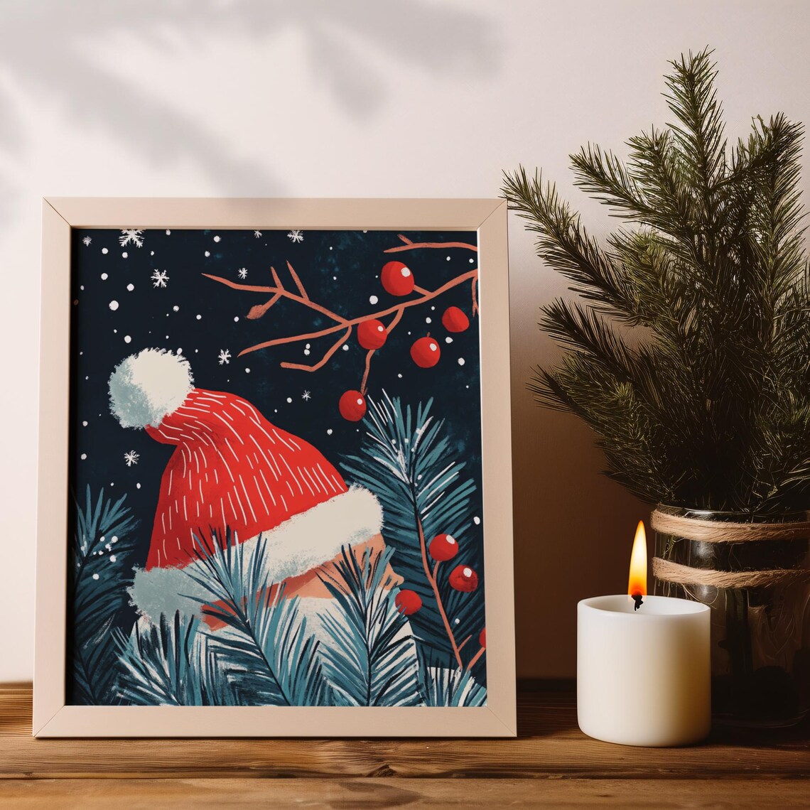 Retro Christmas Santa Hat Pine Berries Snowflakes Holiday Poster - Image 6