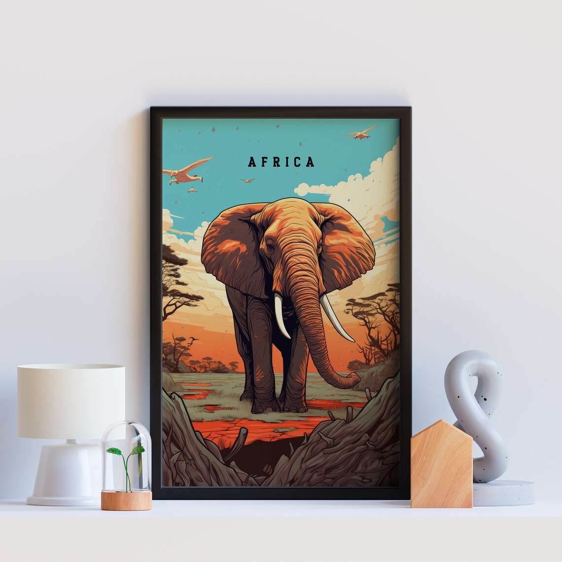 Africa Elephant Sunset Savanna Acacia Vintage Wildlife Travel Poster - Image 2