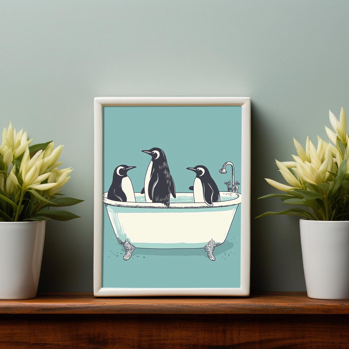 Gentoo Penguins In Clawfoot Bathtub Teal Bathroom Funny Poster - Image 2