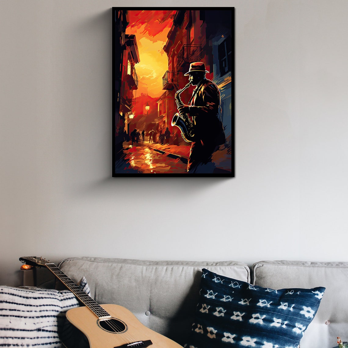 Saxophone Player Sunset Street Jazz Scene Painterly Art Poster - Image 5