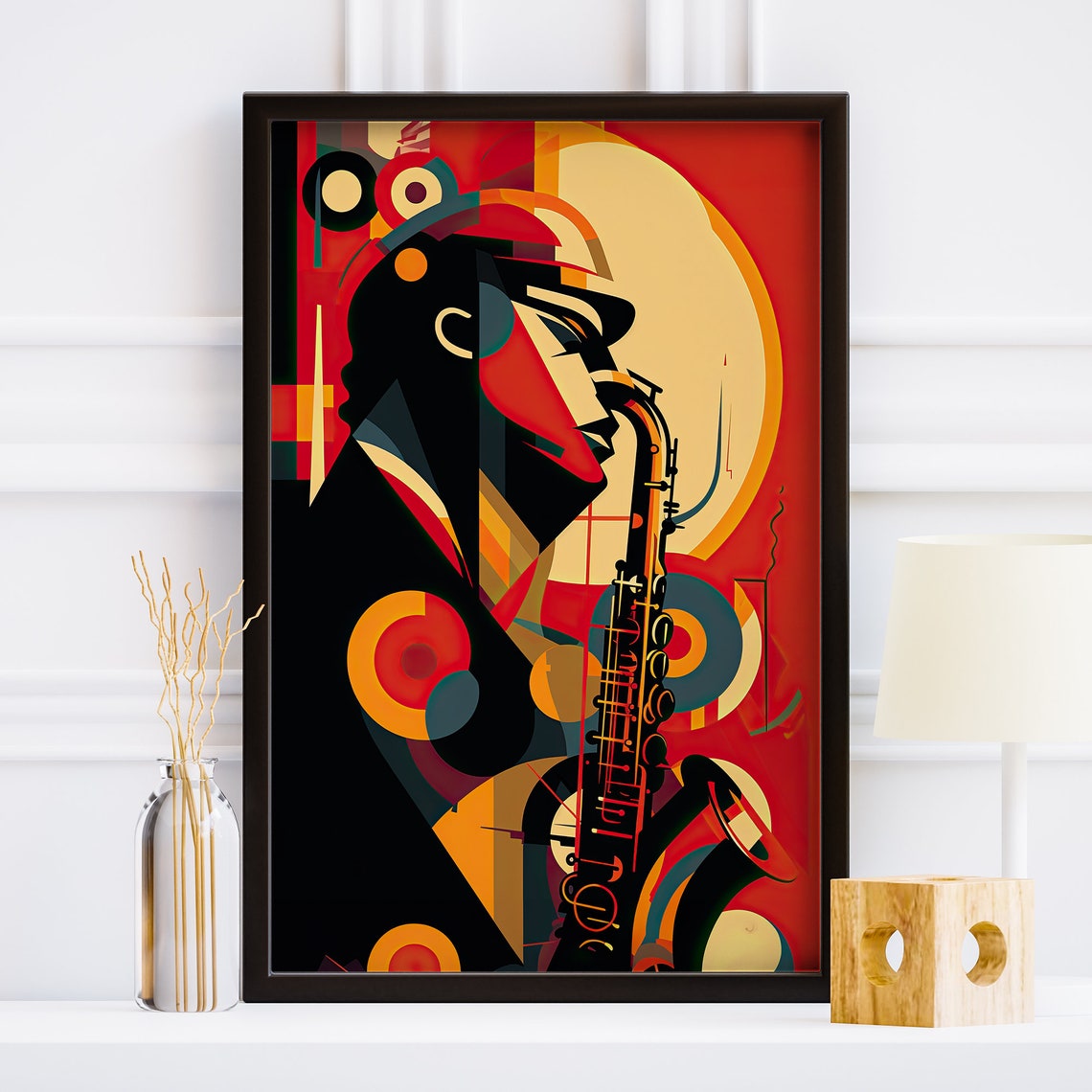 Geometric Saxophonist Red Black Orange Abstract Music Poster - Image 6