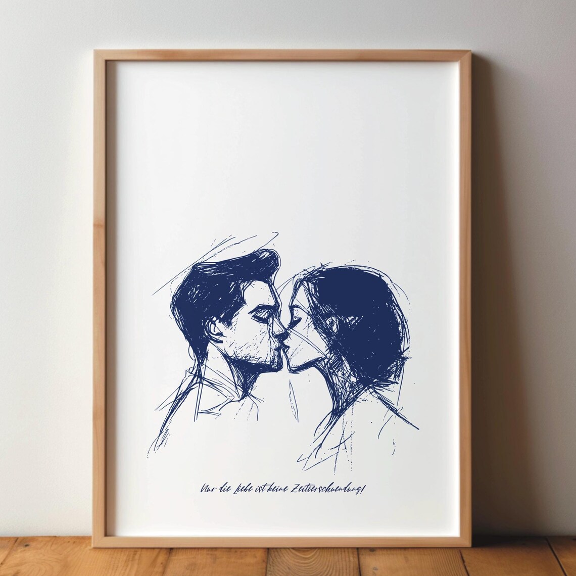 Blue Ink Kiss Sketch Romantic Couple German Quote Art Poster