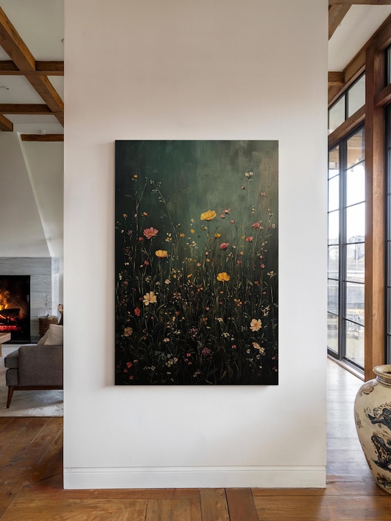 Wildflower Field Wall Art Print Floral Wall Decor Vintage Botanical Landscape Dark Green Moody Wall Art Modern Farmhouse Decor