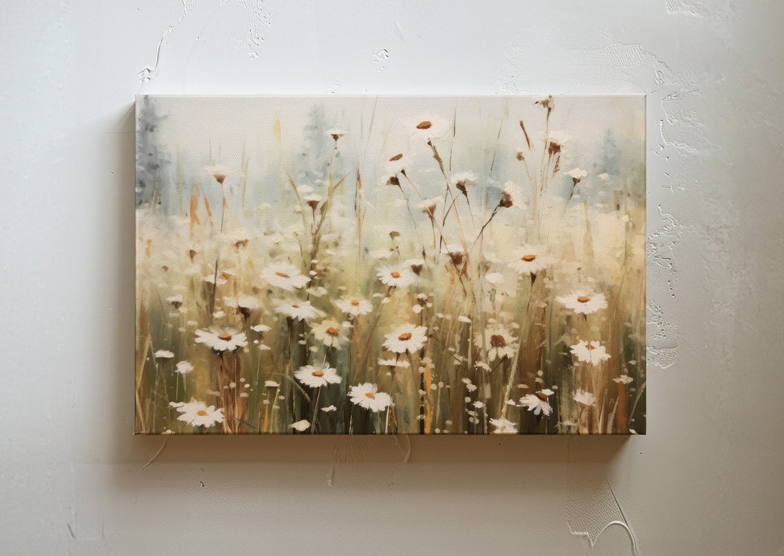 Soft White Daisy Meadow Field Misty Vintage Floral Wall Poster
