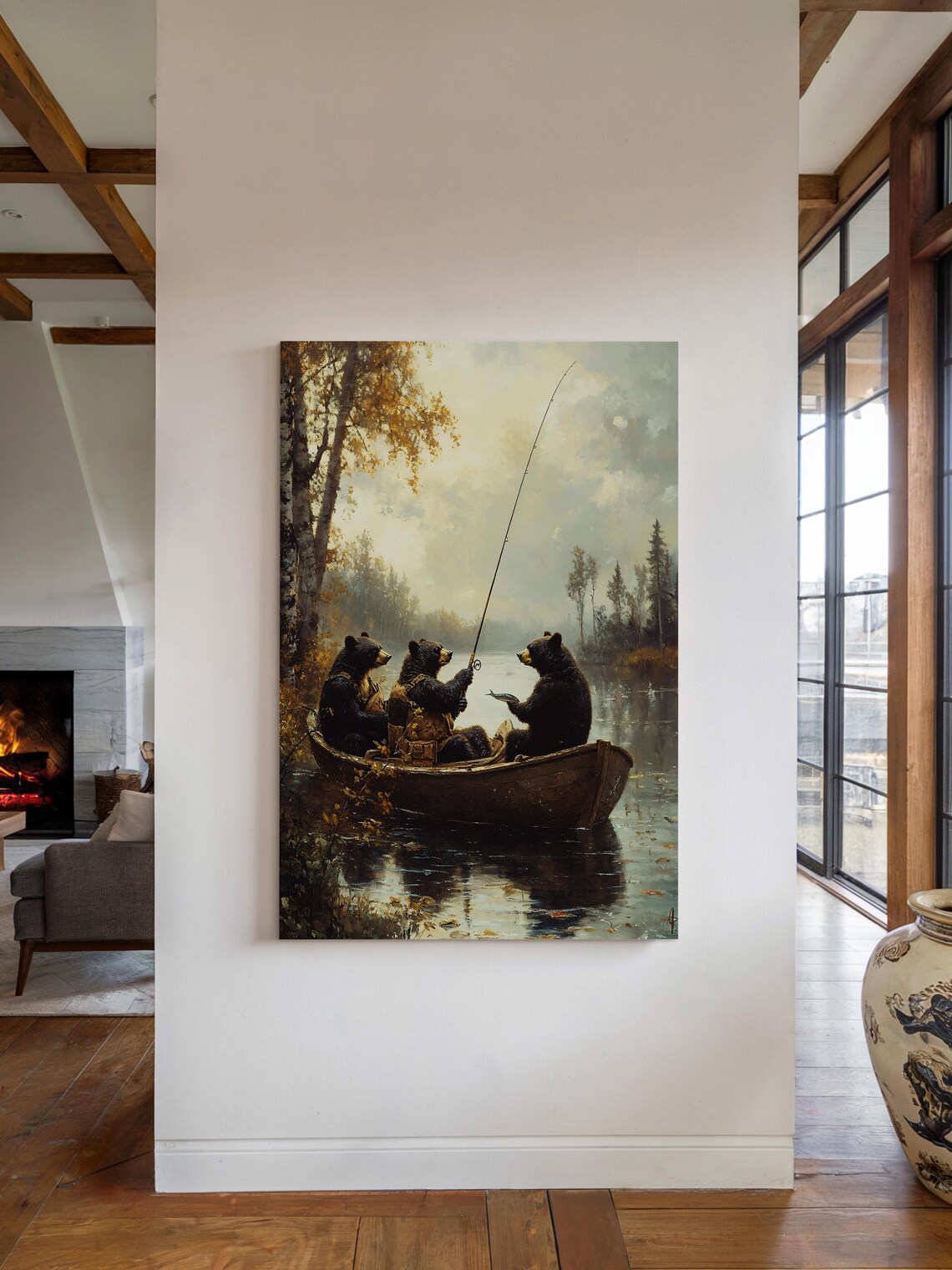 Three Black Bears Fishing Canoe Vintage Lake Cabin Wildlife Art Poster