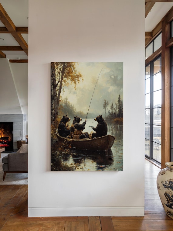 Three Black Bears Fishing Canoe Vintage Lake Cabin Wildlife Art Poster