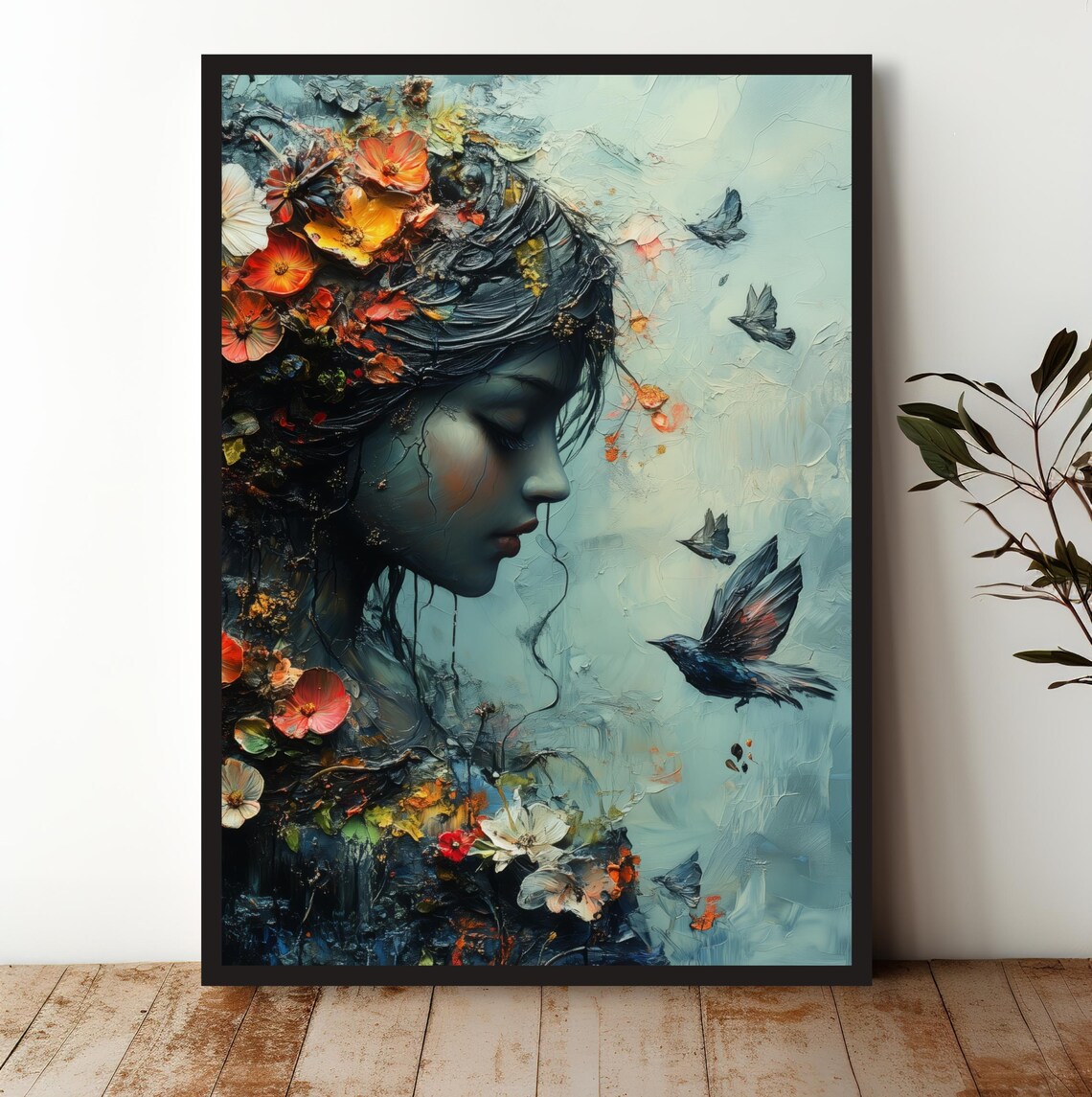 Dreamy Floral Woman Portrait With Flying Birds Scene Art Print