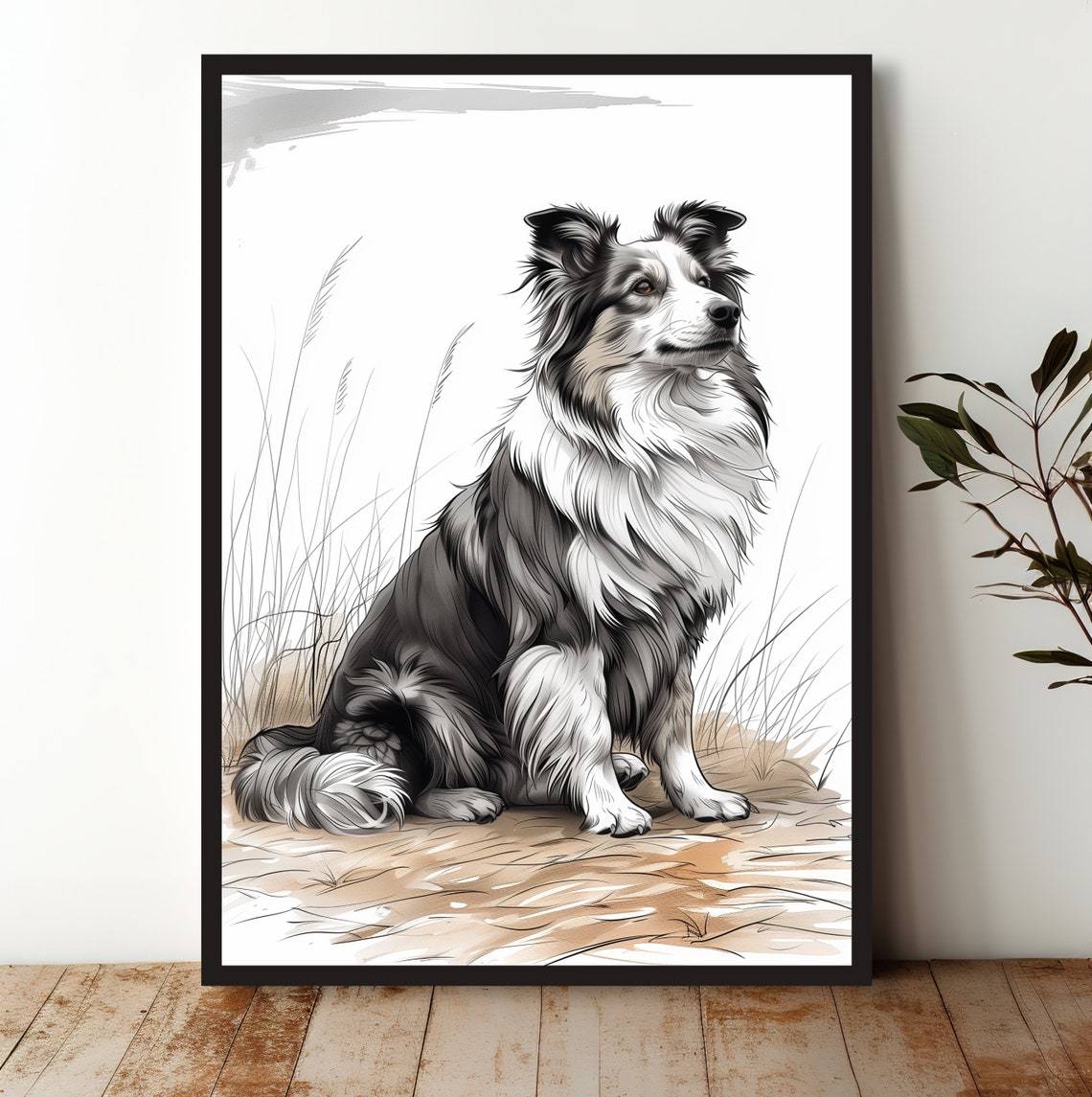 Shetland Sheepdog Sketch Grassy Field Dog Portrait Art Print