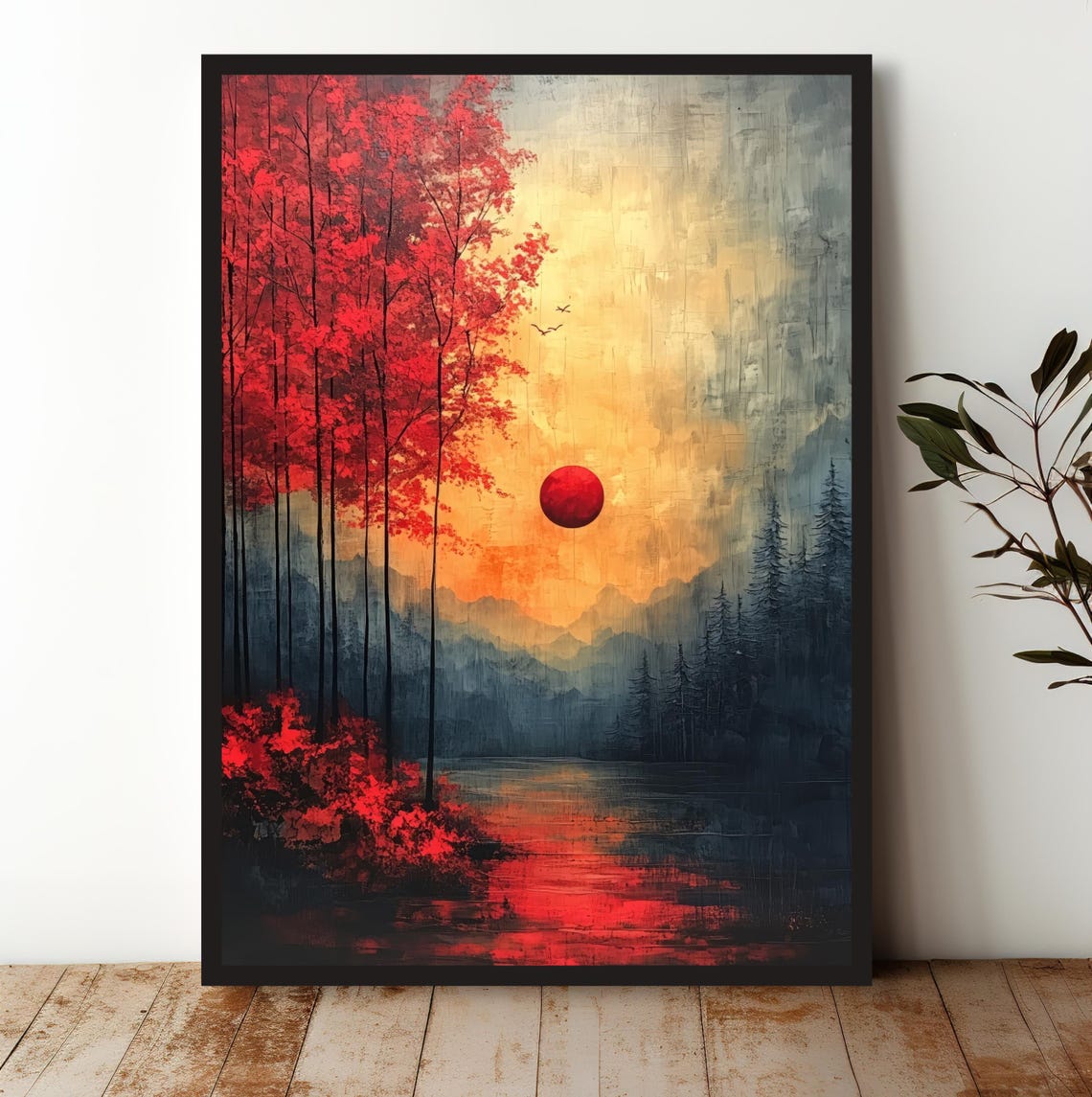 Red Autumn Forest Lake Sunset Landscape Nature Scene Wall Art