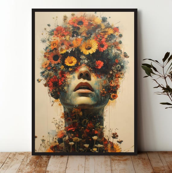 Colorful Floral Woman Portrait Print Surreal Botanical Wall Art With Wildflowers Bold Nature Inspired Decor