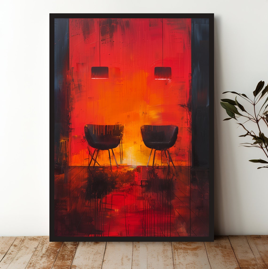 Two Black Chairs Fiery Red Abstract Interior Modern Wall Art