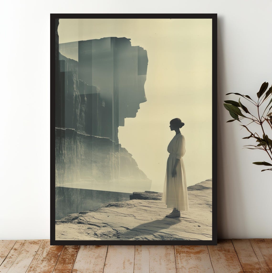 Woman Facing Giant Cliff Profile Surreal Scene Design Art Print
