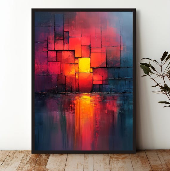Abstract Sunset Reflection Art Print Oil Painting Style Red Blue Purple Squares Modern Wall Decor For Home Office