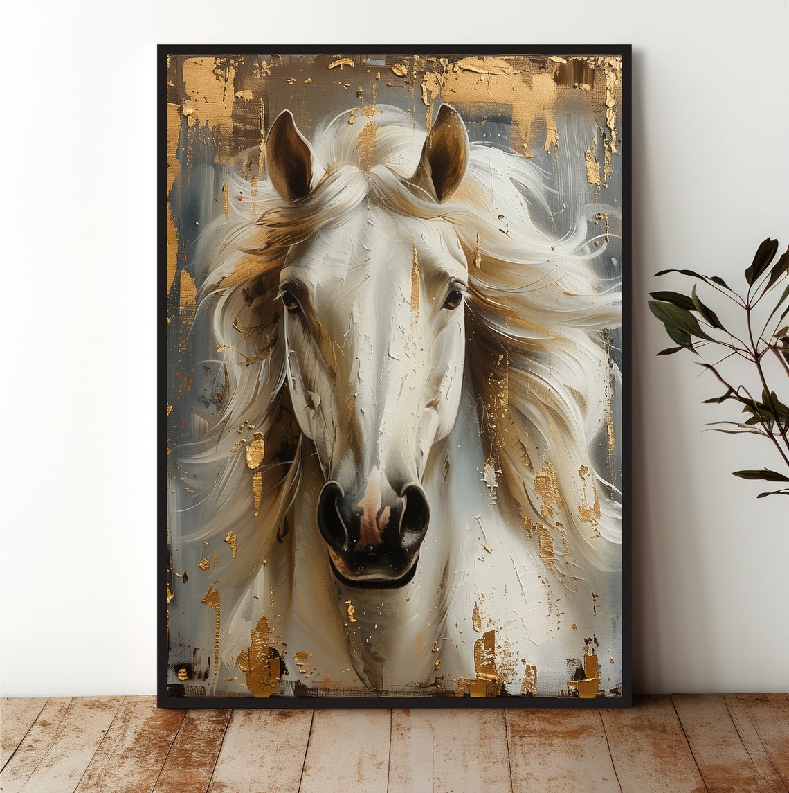 White Horse Gold Leaf Flowing Mane Elegant Equine Art Poster